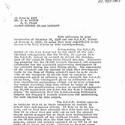 Letter J.C. Floyd to J.A. Morley - change control CF-105 aircraft