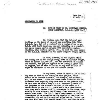 Letter J.C. Floyd memo to file - note on visit of Dr. Courtland Perkins, Chief Scientist, USAF July 18/57