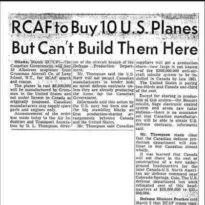 RCAF to buy 10 US planes but can't build them here