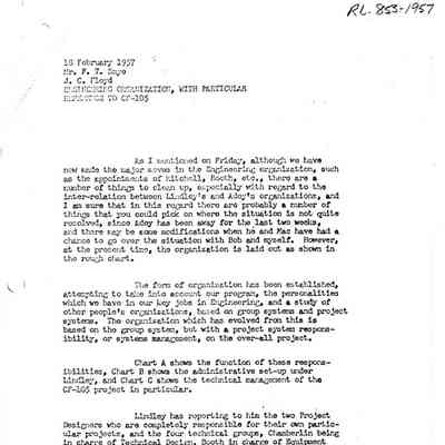 Letter J.C. Floyd to F.T. Smye - engineering organization, with particular reference to CF-105
