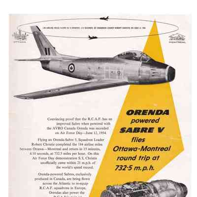 Orenda powered SABRE V files Ottawa-Montreal round trip at 732.5 m.p.h.