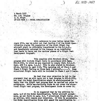 Letter J.C. Floyd to J.R. Douglas - CF-105 Mark 1 - model specification