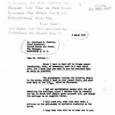 Letter J.C. Floyd to Dr. Courtland S. Perkins, Chief Scientist, USAF - attaching key CF-105 briefing charts which had been discussed