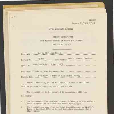 Design Certificate for Flight Trials of Arrow 1 Aircraft 25201