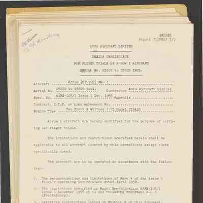 Design Certificate for Flight Trials of Arrow 1 Aircraft Serial No. 25202 to 25205 Incl.