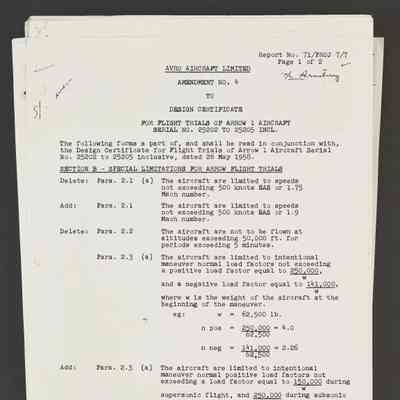Amendment No. 4 to "Design Certificate for Flight Trials of Arrow 1 Aircraft Serial No. 25202 to 25205 Incl.