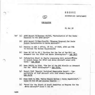 Memo to DADR RE: Arrow Weapons System - Genie Installation