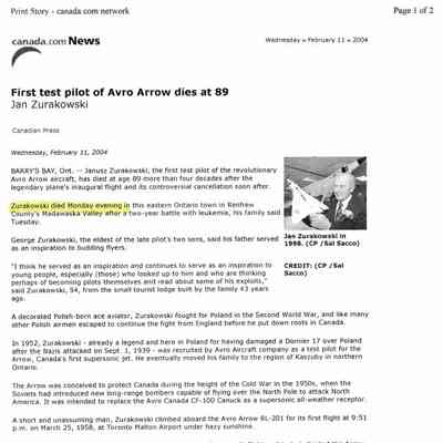 First Test Pilot of Avro Arrow dies at 89