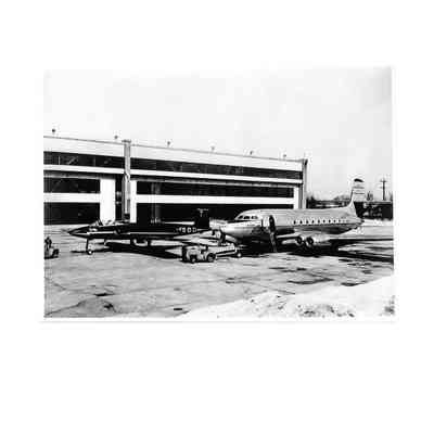 Black and White 5"x7" Photo of Avro Jetliner and CF-100 Canuck in front of Hangars
