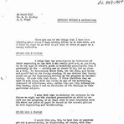 Letter J.C. Floyd to R.N. Lindley - general notes on the CF-105 Mark 1, Mark 2, salaries, PSC Applied Research, R.C.A., project studies including reconnaissance version of CF-105, Navy V.T.O, Northrop Trainer, Mono-rail for Eastern Canada, Convair F102A