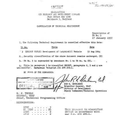 Cancellation of Technical Requirement No. TR3 for AVRO Ladybird vehicle (Development Plan 1794)