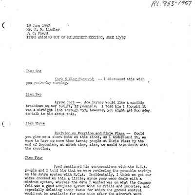 Letter J.C. Floyd to R.N. Lindley - items arising out of management meeting, June 17/57.