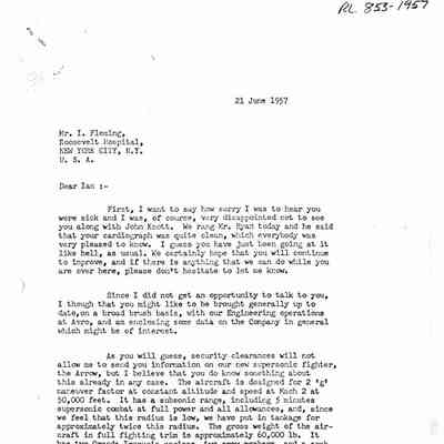 Letter J.C. Floyd to I. Fleming discussing Arrow specs, comments on the days of manned fighter "are obviosly numbered" and referencing an old photo of the technical office at Chadderton where I. Flemming and Tommy Thomson were included.