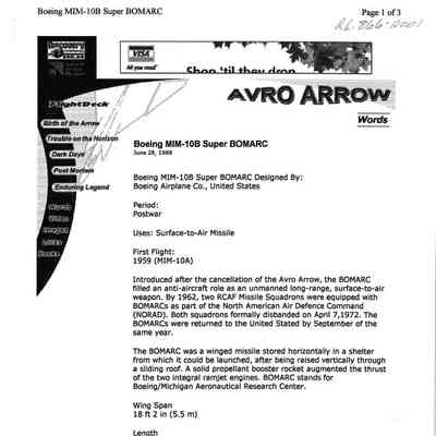 Discovery.ca Description of the Boeing Built MIM-10B Super Bomarc Missle