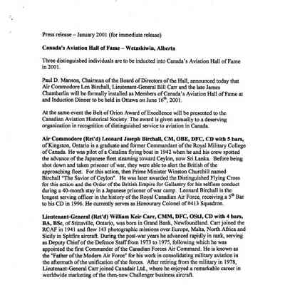 Press Release - Jan 2001 - Canada's Aviation Hall of Fame