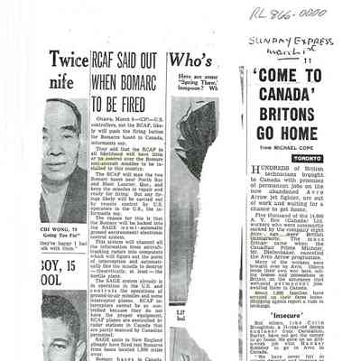 RCAF said out when Bomarc to be fired / "Come to Canada" Britons go home