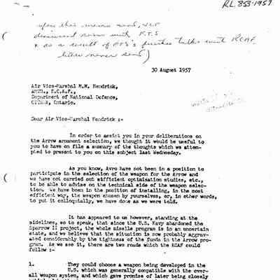 Letter J.C. Floyd to Air Vice-Marchal M.M. Hendrick, AMTS, RCAF - discusses Sparrow III and Sparrow X, comments about the Astra I not having the necessary degree of sophistication for the Sparrrow X.