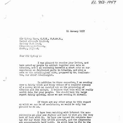 Letter J.C. Floyd to Sir Sydney Camm, CBE, F.R.Ae.S, Hawker Aircraft Limited - discusses fabricated parts in titanium and a note on the metallurgical side prepared by Mr. Smallman-Tew, Chief Metallurgist