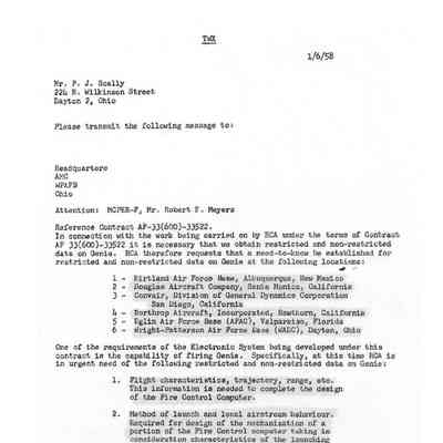 TWX to Wright Patterson AFB Contract AF-33(600)-33522