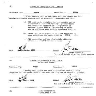 Contractor's Inspection Certificates For CF-105 Aeroplane No. 25201