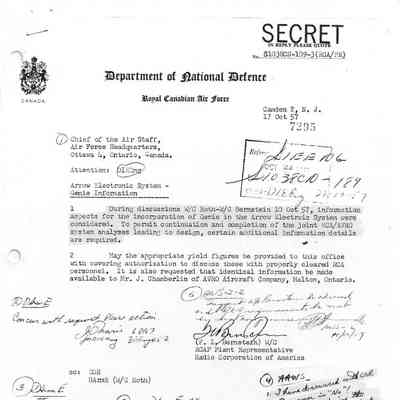 Letters from W/C F.L. Bernstein to Chief of the Air Staff re: Arrow Electronic System - Genie Information