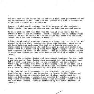 Jim Floyd's "positive" comments on the CBC film of the Arrow shown on December 16th, 1996
