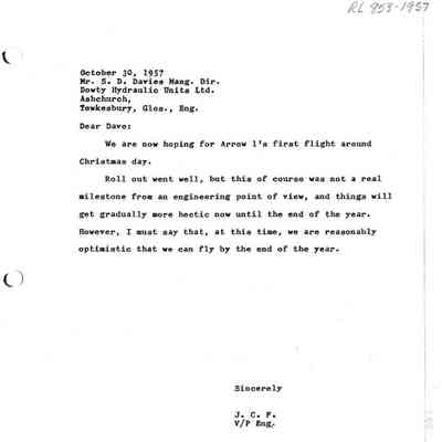 Letter J.C. Floyd to S.D. Davies, Managing Director Dowty Hydraulic Units Ltd. - discusses hoping for Arrow 1's first flight around Christmas Day.