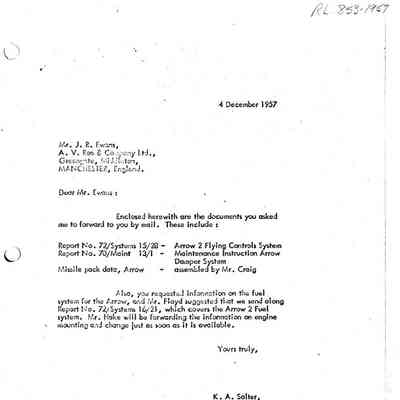 Letter K.A. Salter Secretary to J.C. Floyd to J.R. Ewans, A.V. Roe & Company Ltd - enclosing reports on the Arrow 2 as requested