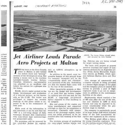 Jet Airliner Leads Parade Avro Projects at Malton