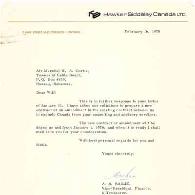 Letter - A.A. Bailie (VP, Hawker - Siddeley Canada Ltd) to W.A. Curtis Feb 16, 1970 (attached to AC.2000.3.24-29)
