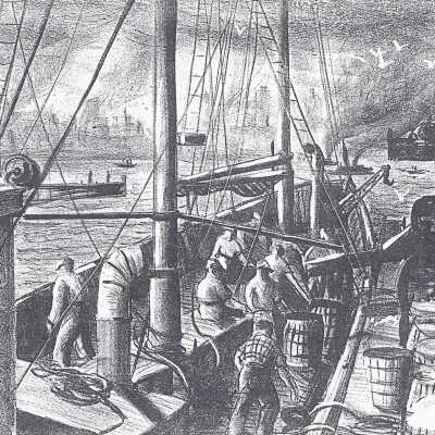 Untitled (Urban Harbor Scene Aboard Boat)