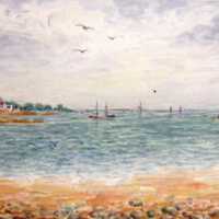 Untitled (Seascape with Seagulls, Boats, Buildings)