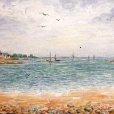 Untitled (Seascape with Seagulls, Boats, Buildings)