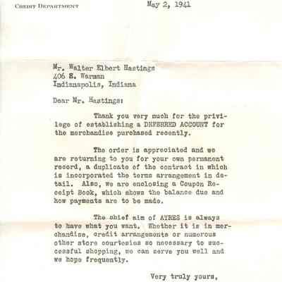Credit Dept. of L.S. AYRES & CO. thank you letter