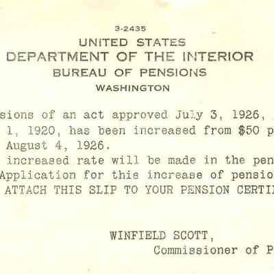 Record from United States, Department of the Interior, Bureau of Pensions, Washington