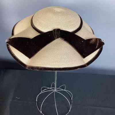 Women's Beige Leghorn Straw Hat w/ Brown Velvet Trim + Bow