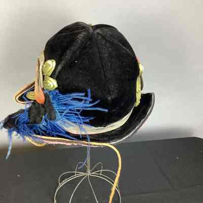 Women’s Black Velvet Cloche Hat w/ Multicolor Adornments
