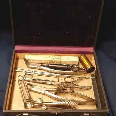 Brown Wooden Instrument Case + Medical Instruments