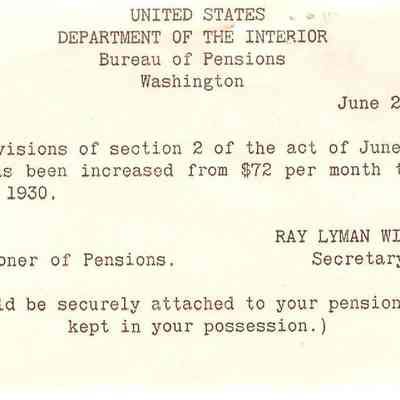 Record from United States, Department of the Interior, Bureau of Pensions, Washington
