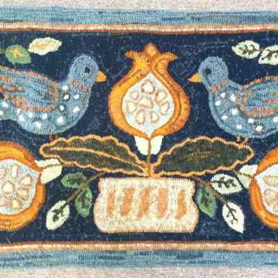 Blue & Orange Hand-hooked Birds & Pomegranates Rug