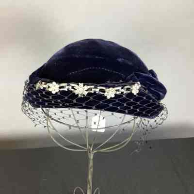 Women's Navy Velvet Juliet Cap w/ Netting & Rhinestone Trim