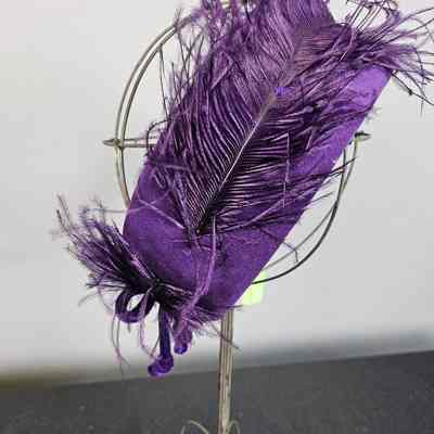 Women's Purple Velvet Open Crown Pillbox Hat w/ Feathers & Bow
