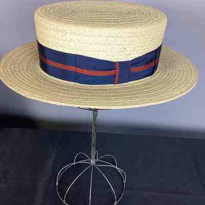 Men's Beige Straw Boater Hat w/ Navy & Red Ribbon + Hat Box