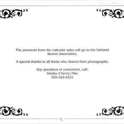 Calendar, Back Cover, Fairland, Indiana