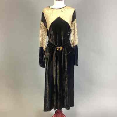 Women’s Brown Velvet Dress w/ Lace Yoke