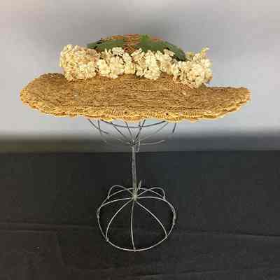 Women's Gold Straw & Raffia Floral Hat w/ Green Velvet Ribbon