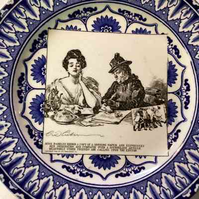 2001.016.001T: Miss Babbles brings a copy of a morning paper and expresses her indignation and sympathy over a scurrilous article.  Meanwhile other friends are calling upon the editor.