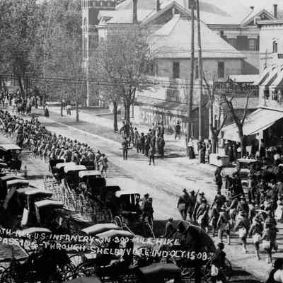 Postcard scan, 10th Infantry Hike through Shelbyville