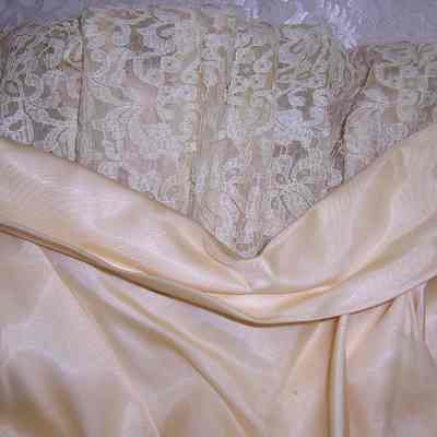 Dress, satin neckline and bodice, lace skirt