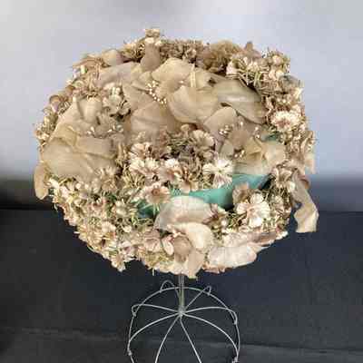 Women's Green Silk Taffeta & Beige Silk Floral Pillbox Hat